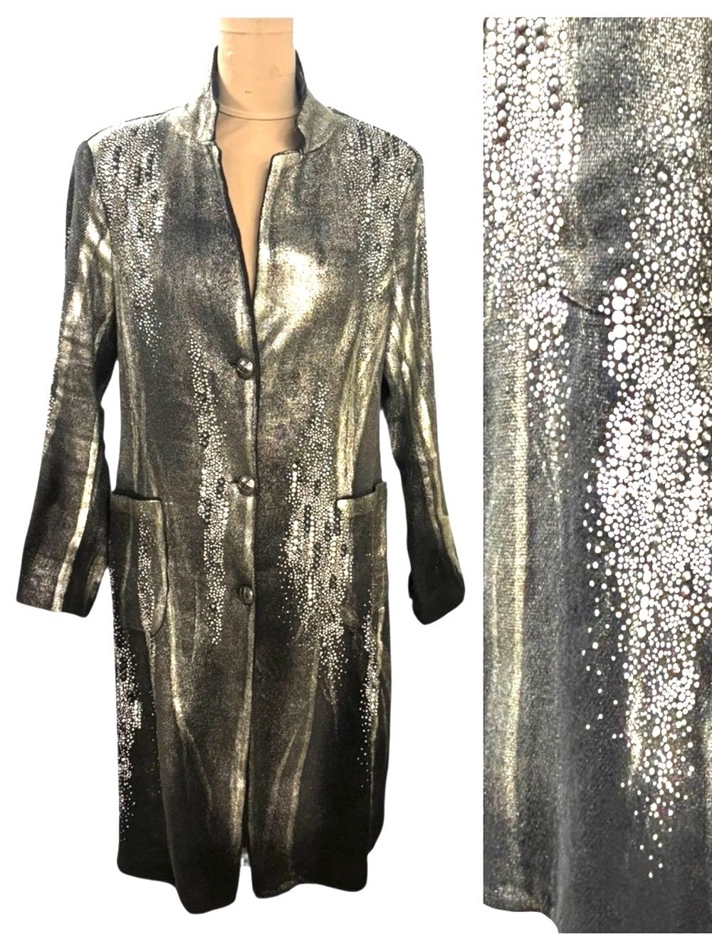 LIAPULL LINEN/Cashmere Coat with silver, gold artistic embellishments sz 14